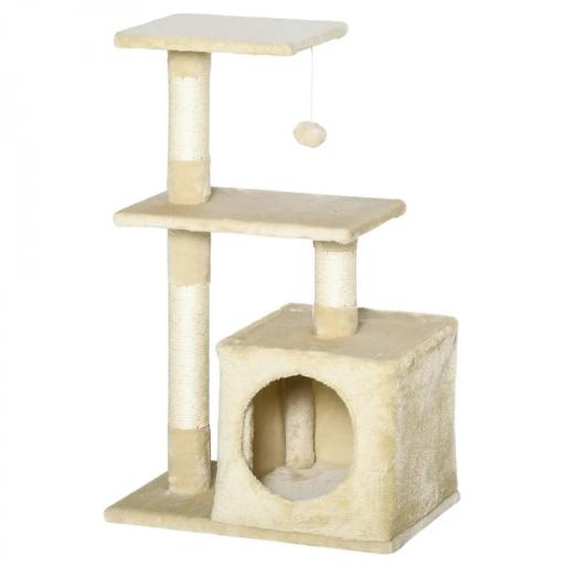 Árbol Rascador para Gatos 81,5 cm Torre para Gatos con Postes de Sisal 2 Plataformas Cueva y Bola Colgante Estilo Elegante 50x30x81,5 cm Beige [9]