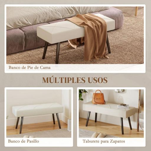 Taburete Pie de Cama Multifuncional con Pies de Acero y Asiento Acolchado para Entrada Pasillo 100x36x45 cm Blanco Crema [5]