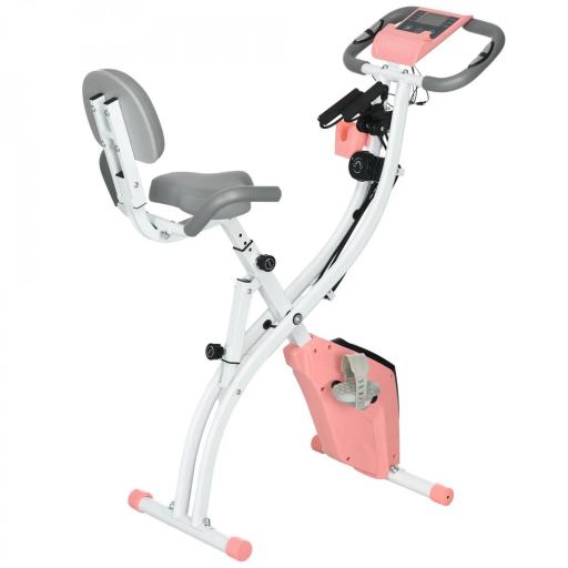 Bicicleta Estática Plegable 3 en 1 con Respaldo y 8 Niveles Resistencia Magnética, Bicicleta Estática para Casa Ajustable con Monitor LCD Volante Banda Sensor de Pulso Soporte de Teléfono Rosa [9]