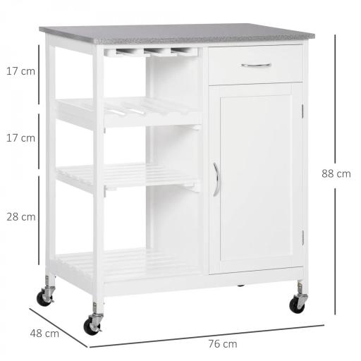 Carro de Cocina con Ruedas Carrito de Servicio con 1 Cajón Estantes Extraíbles y Botellero 76x48x88 cm Blanco [1]
