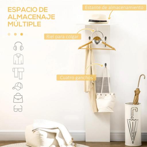 Perchero de Pared con 4 Ganchos y Estante con Barra de Aluminio para Entrada Pasillo 50x23,5x160 cm Blanco [4]