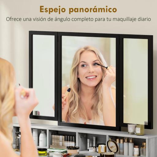 Tocador de Maquillaje con Espejo Tríptico Desmontable Taburete 3 Cajones de Tela Soporte para Secador de Pelo Gris [2]