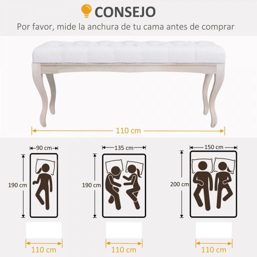 Banco para Pie de Cama con Pies de Madera y Asiento Acolchado Carga 120 kg para Entrada Pasillo 110x37x49 cm Crema [5]