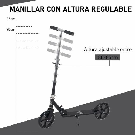 Patinete Plegable para Niños de 7-14 Años Scooter Infantil Manillar Ajustable en Altura de 4 Niveles con Freno 88x37x75-100 cm Negro [3]