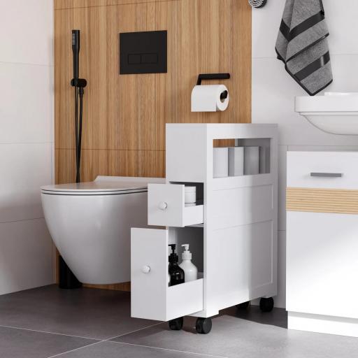 Mueble de Baño 2 Cajones Ahorra Espacio con 4 Ruedas 16x52x71,5 cm Blanco