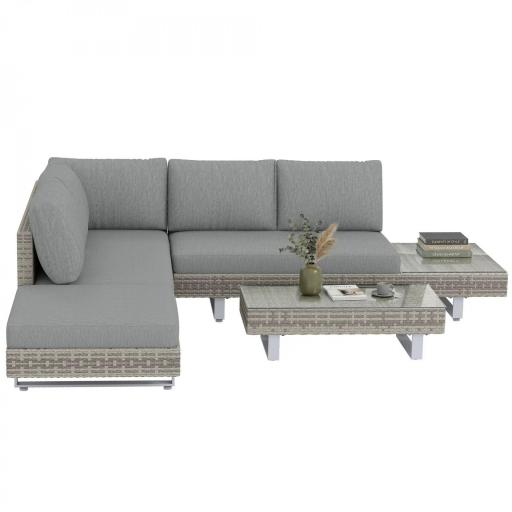 Conjunto de Jardín Exterior de Ratán de 3 Piezas con Sofá Modular de 3 y 2 Plazas Mesa Lateral Mesa de Centro Cojines [8]