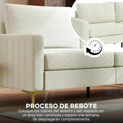 Sofá de 3 Plazas de 181 cm Tapizado en Terciopelo con Cojines Gruesos Patas de Metal Blanco Crema [6]
