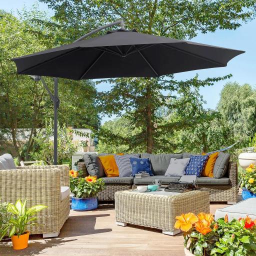 Sombrilla de Jardín Ø295x250 cm Parasol Excéntrico Inclinable con Manivela Base Cruzada y Soporte de Metal 8 Varillas para Terraza Exterior Balcón Negro