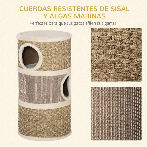 Tonel Rascador para Gatos con 3 Niveles Barril de Rascado con Plataforma Cama Cómoda Ø37,5x70 cm Marrón Claro y Beige [4]