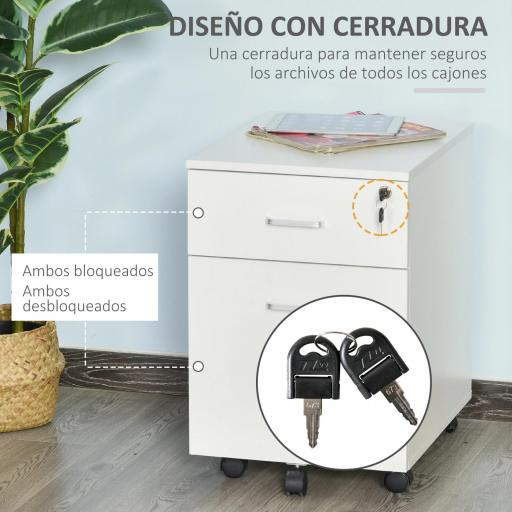 Cajonera de Oficina con Ruedas Mueble Archivador con 2 Cajones para Documentos en Tamaño A4 Cerradura 40x49x58 cm Blanco [3]