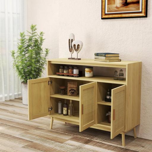 Aparador de Estilo Cannage Mueble Buffet Auxiliar con Puertas de Rejilla y Patas de Madera 120x40x97cm Natural [7]