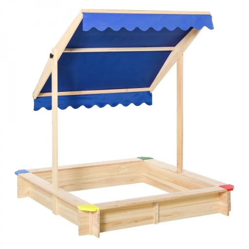 Arenero de Madera para Niños con Techo Cajón de Arena Toldo Ajustable Espacioso 120x120x120 cm para Jardín Exterior al Aire Libre Color Madera Natural [9]