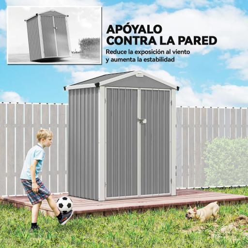 Cobertizo de Jardín Exterior 1,1 m² 133x87x178 cm con 2 Puertas Correderas Techo Inclinado y Guantes Gris Plateado [6]