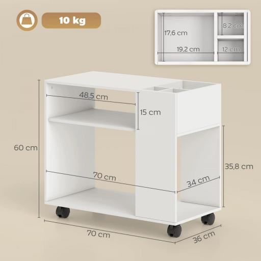 Mueble para Impresora con Ruedas Compartimentos Superiores Estantes Abiertos 70x36x60 cm Blanco [6]