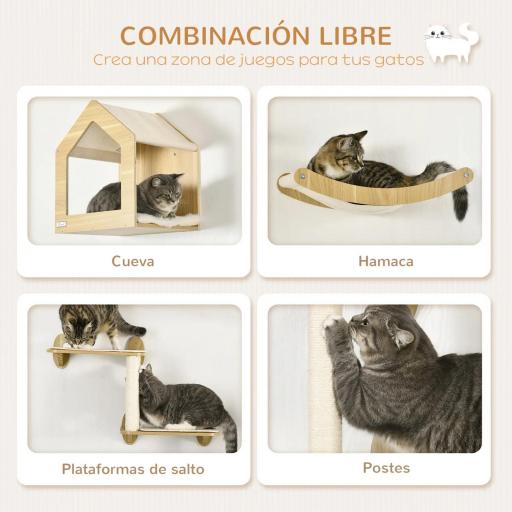 Juego de Escalada para Gatos de 3 Piezas Set de Pared con Estantes Cama Hamaca y Poste de Sisal Color Roble [4]