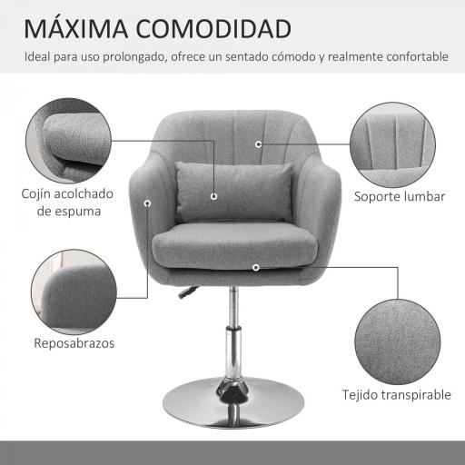 Sillón para Salón Giratorio 360° con Altura Ajustable Respaldo Envolvente Reposabrazos y Cojín 60x60x79-91 cm Gris [5]