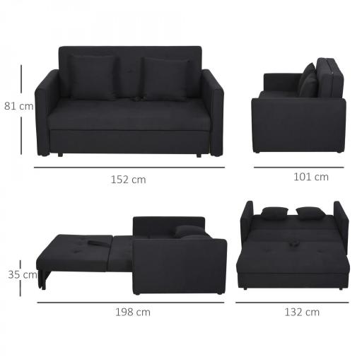Sofá Cama de 2 Plazas Sofá Cama Tapizado en Poli Algodón con 2 Cojines Desmontables y Espacio de Almacenamiento Sofá Doble para Salón Oficina 152x101x81 cm Gris Carbón [1]