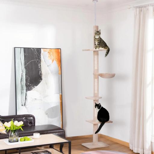 Árbol para Gatos de Suelo a Techo de 230-260 cm con Altura Ajustable Plataformas Hamaca y Postes de Sisal Beige
