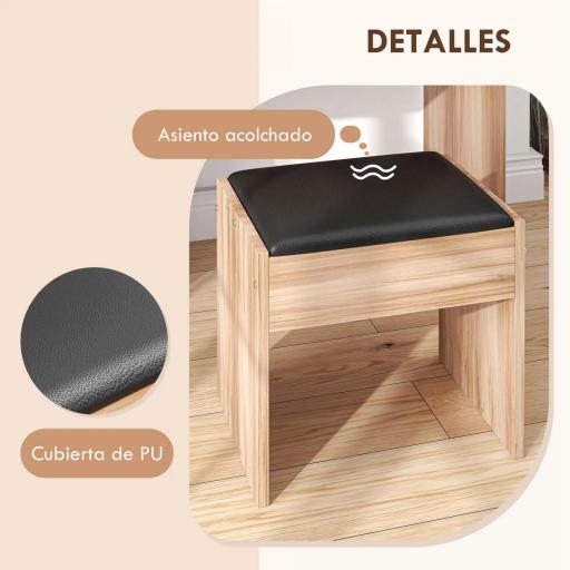 Tocador Compacto con Espejo Abatible y Cajones y Taburete Estilo Minimalista Escritorio Pequeño 80x40x79cm Madera Natural [4]