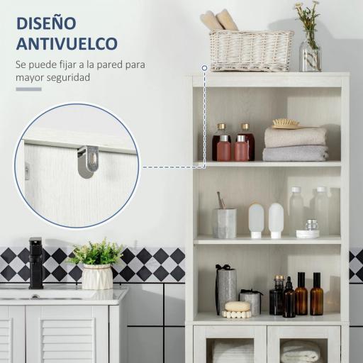 Columna de Baño con 2 Puertas de Vidrio y 3 Estantes Mueble Auxiliar de Estilo Moderno 53x30x162 cm Blanco [2]