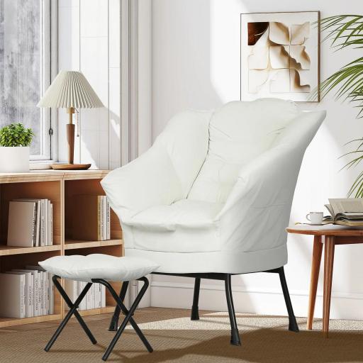 Sillón de Salón con Otomana Sillón de Relax con Bolsillos Laterales y Patas de Acero para Sala de Estar Dormitorio Crema [3]