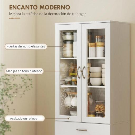 Alacena de Cocina con Puertas de Vidrio Cajón Estantes Ajustables para Comedor Salón 60x35x180 cm Blanco [3]