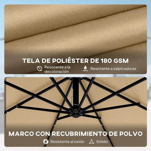 Parasol Excéntrico con Luces LED Solares 330x295 cm Sombrilla Jardín con Base Cruzada Manivela Funda Protectora Caqui [7]