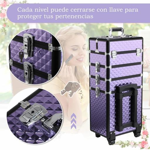 Maletín de Maquillaje Profesional con Ruedas Universales Distintos Niveles Asa Extensible Maletín Maquillaje Trolley Aleación de Aluminio 33.5x23x76/95.5 cm Violeta [5]