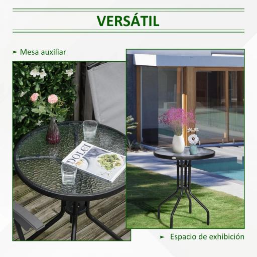 Mesa de Jardín Redonda con Encimera de Vidrio Templado Decorativa y Marco de Metal para Patio Terraza Balcón Comedor Ø60x70 cm Negro [3]