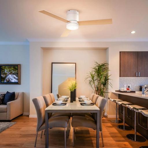 Ventilador de Techo Motor AC 48W con Luz LED Mando a Distancia 3 Velocidades y 3 Aspas de Madera Ø112x25 cm Blanco