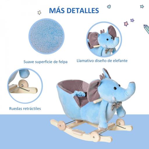 Caballito Balancín con Ruedas Forma de Elefante Caballo Balancín para Bebés de +18 Meses con Músicas 60x35x45 cm Azul [3]