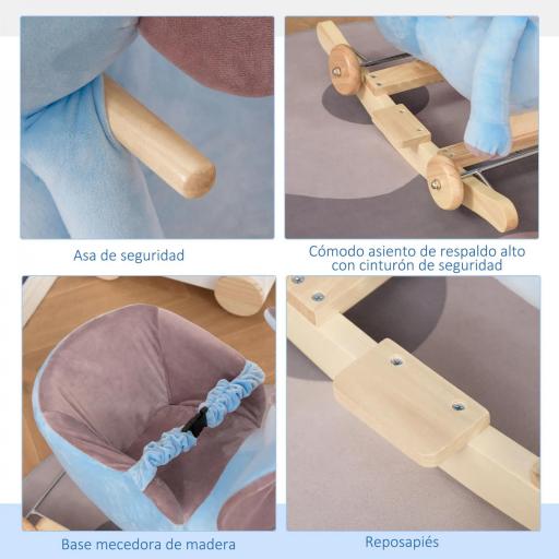 Caballito Balancín con Ruedas Forma de Elefante Caballo Balancín para Bebés de +18 Meses con Músicas 60x35x45 cm Azul [5]