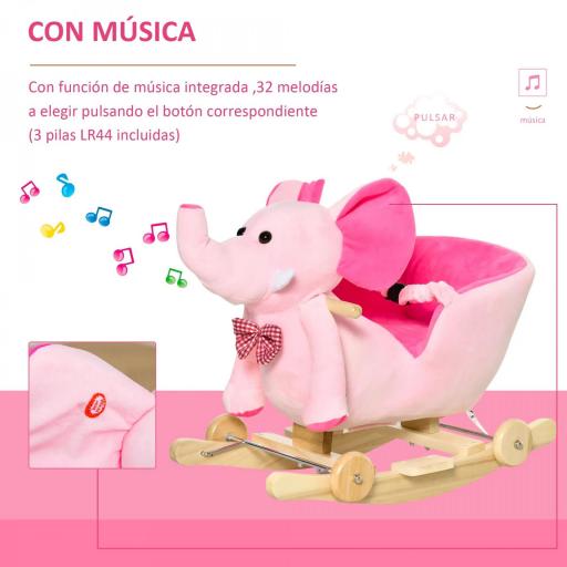 Caballito Balancín con Ruedas Forma de Elefante Caballo Balancín para Bebés de +18 Meses con Músicas 60x35x45 cm Rosa [3]