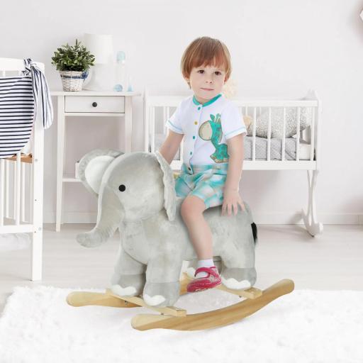 Caballo Balancín para Niños de 2-4 Años en Forma de Elefante con Sonido y Base de Madera Carga 40 kg 64,5x31x52 cm Gris