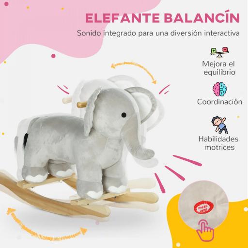 Caballo Balancín para Niños de 2-4 Años en Forma de Elefante con Sonido y Base de Madera Carga 40 kg 64,5x31x52 cm Gris [2]