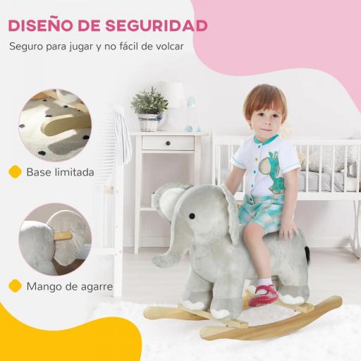 Caballo Balancín para Niños de 2-4 Años en Forma de Elefante con Sonido y Base de Madera Carga 40 kg 64,5x31x52 cm Gris [5]