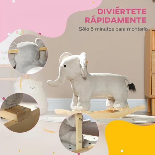 Caballo Balancín para Niños de 2-4 Años en Forma de Elefante con Sonido y Base de Madera Carga 40 kg 64,5x31x52 cm Gris [4]