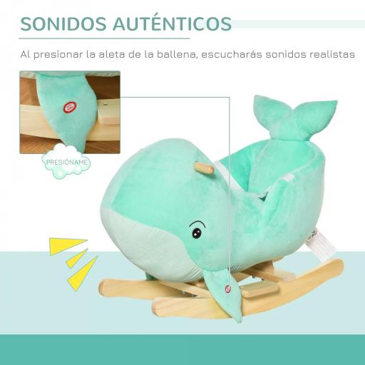 Caballito Balancín Forma Ballena para Niños de 18-36 Meses Mecedora de Felpa con Sonidos Cinturón de Seguridad y Reposapiés 60x33x50 cm Turquesa [4]