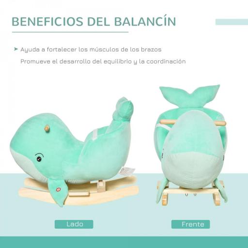 Caballito Balancín Forma Ballena para Niños de 18-36 Meses Mecedora de Felpa con Sonidos Cinturón de Seguridad y Reposapiés 60x33x50 cm Turquesa [9]