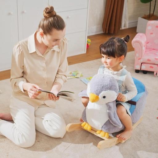 Caballito Balancín para Bebés +18 Meses Forma de Pingüino Caballo Balancín de Madera Músicas Infantiles 60x33x50 cm Gris