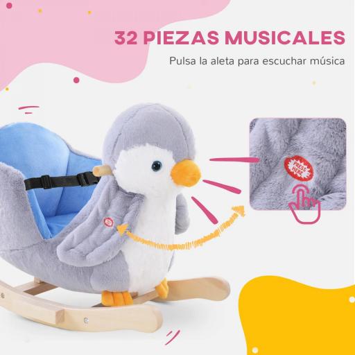 Caballito Balancín para Bebés +18 Meses Forma de Pingüino Caballo Balancín de Madera Músicas Infantiles 60x33x50 cm Gris [8]