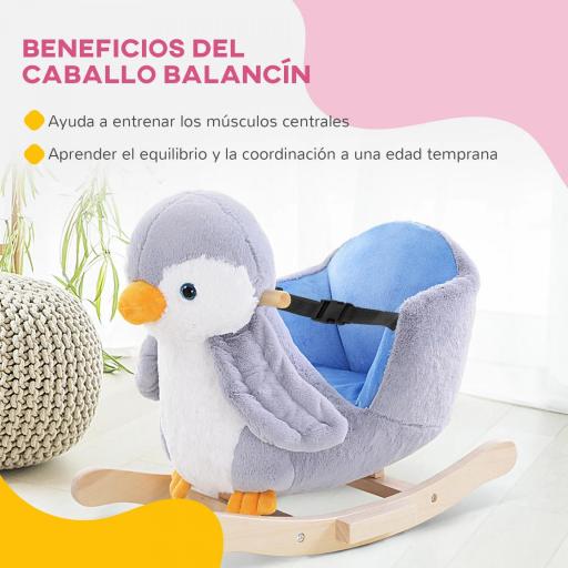 Caballito Balancín para Bebés +18 Meses Forma de Pingüino Caballo Balancín de Madera Músicas Infantiles 60x33x50 cm Gris [3]