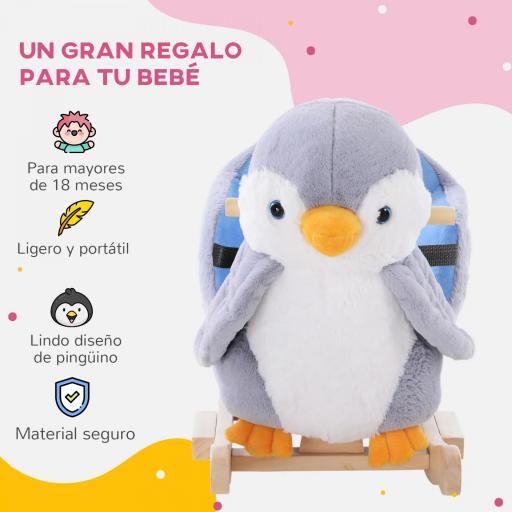 Caballito Balancín para Bebés +18 Meses Forma de Pingüino Caballo Balancín de Madera Músicas Infantiles 60x33x50 cm Gris [2]