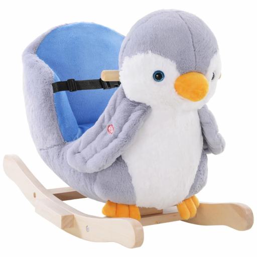 Caballito Balancín para Bebés +18 Meses Forma de Pingüino Caballo Balancín de Madera Músicas Infantiles 60x33x50 cm Gris [7]