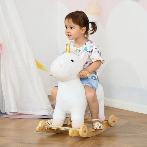 Caballito Balancín Infantil en Forma de Unicornio para Niños de +3 Años Balancín de Felpa 2 en 1 con Ruedas y Sonidos 63x38x63 cm Blanco