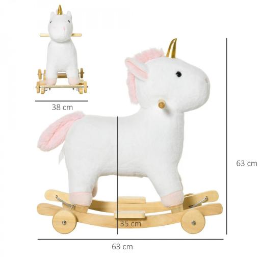 Caballito Balancín Infantil en Forma de Unicornio para Niños de +3 Años Balancín de Felpa 2 en 1 con Ruedas y Sonidos 63x38x63 cm Blanco [2]
