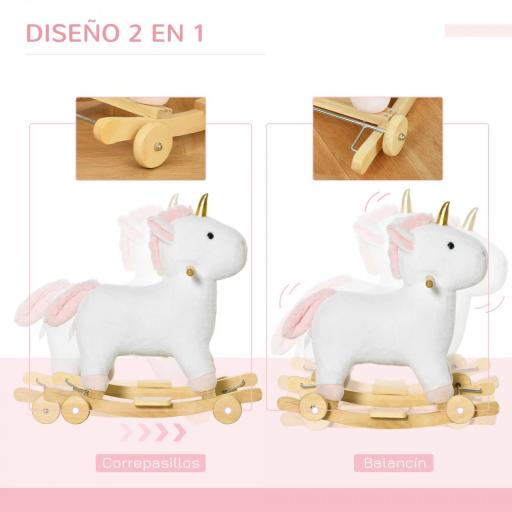 Caballito Balancín Infantil en Forma de Unicornio para Niños de +3 Años Balancín de Felpa 2 en 1 con Ruedas y Sonidos 63x38x63 cm Blanco [9]