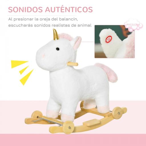 Caballito Balancín Infantil en Forma de Unicornio para Niños de +3 Años Balancín de Felpa 2 en 1 con Ruedas y Sonidos 63x38x63 cm Blanco [8]
