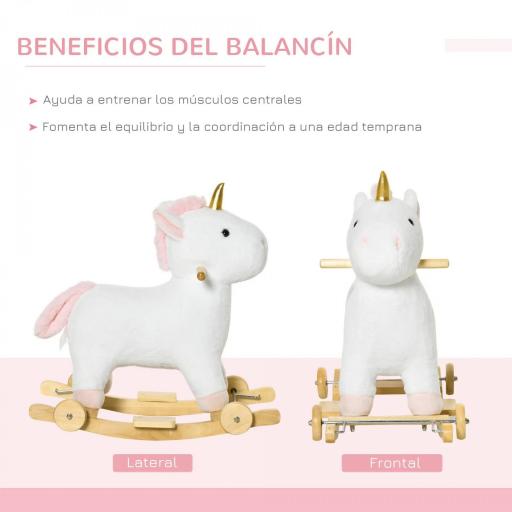Caballito Balancín Infantil en Forma de Unicornio para Niños de +3 Años Balancín de Felpa 2 en 1 con Ruedas y Sonidos 63x38x63 cm Blanco [5]