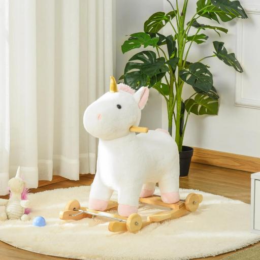 Caballito Balancín Infantil en Forma de Unicornio para Niños de +3 Años Balancín de Felpa 2 en 1 con Ruedas y Sonidos 63x38x63 cm Blanco [3]